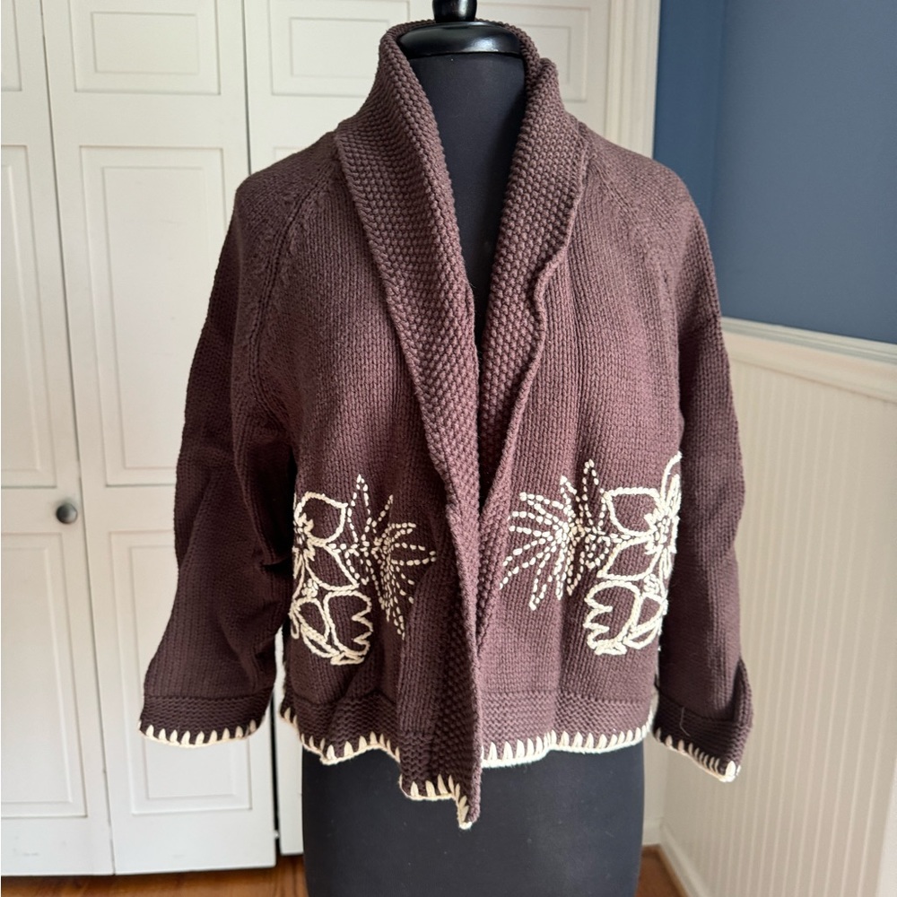 THE GREAT. Brown Cardigan with Cream Accents